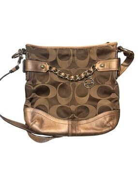 👜✨ Vintage Coach Signature Crossbody Brown Jacquard & Metallic Bronze Bag Y2K